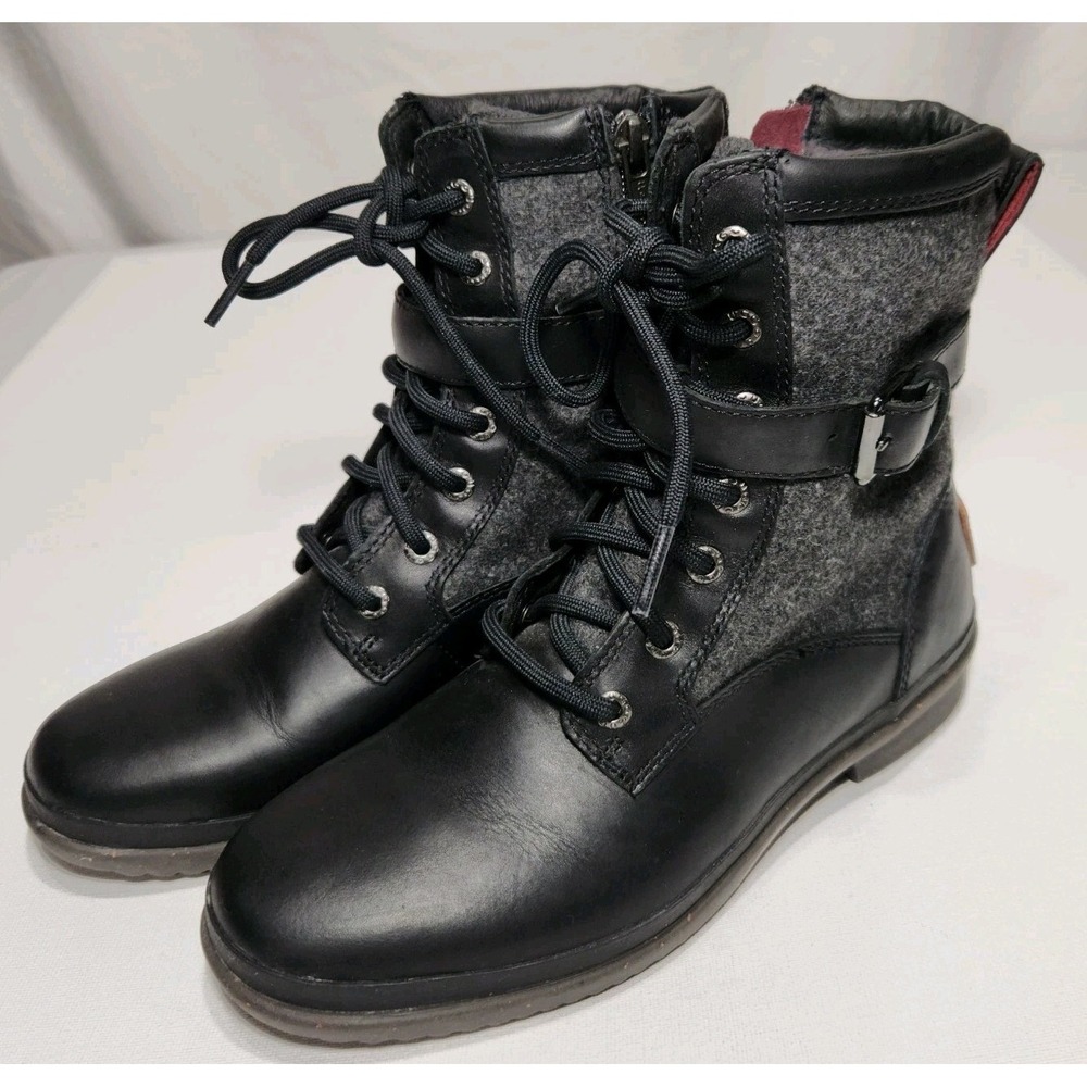 UGG Kesey Black Grey Leather Wool Lace Up/Zip Side Combat Boots‎ Womens Size 6